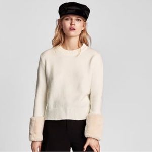 Zara Knit Cream Faux Fur Cuff Crew Neck Sweater